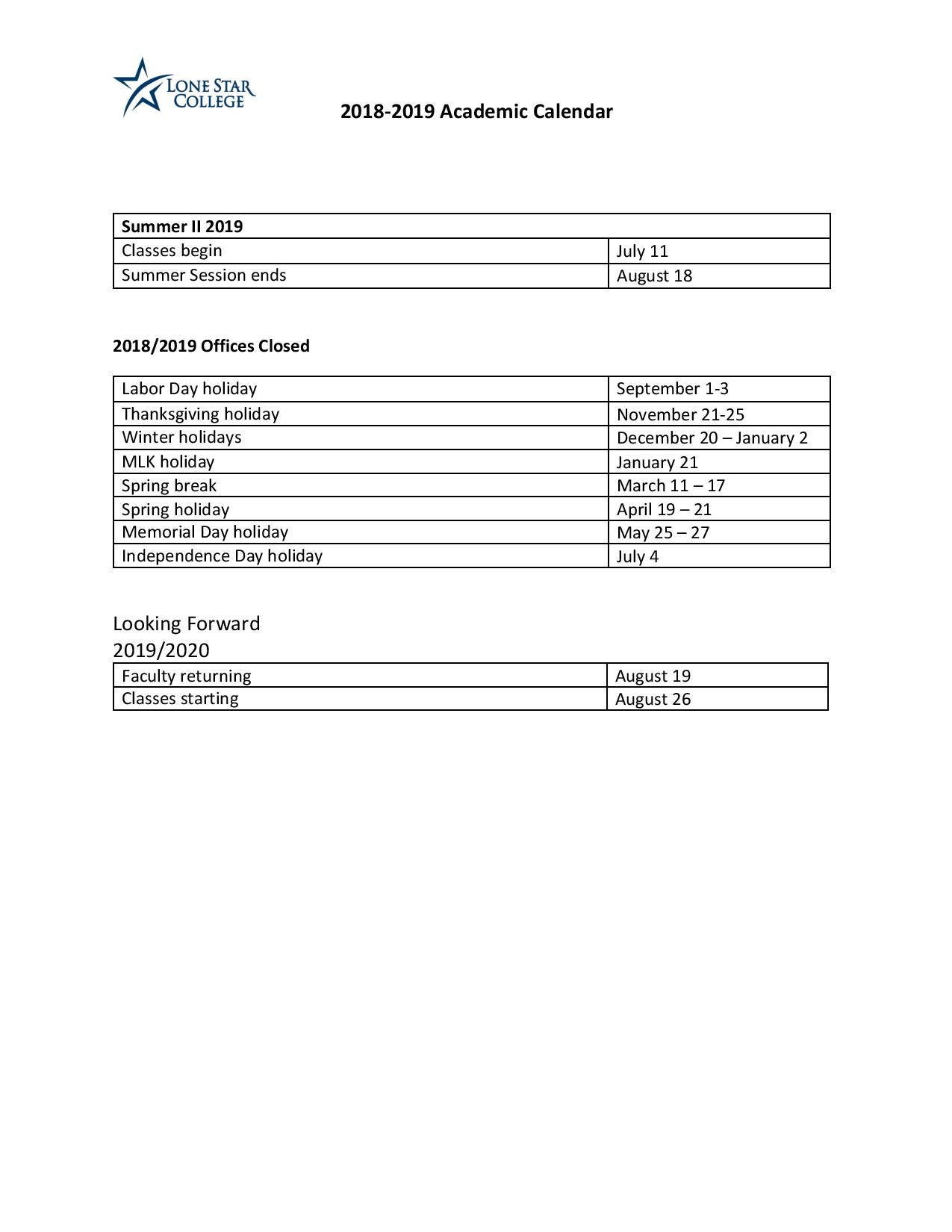 Lonestar Academic Calendar Customize and Print